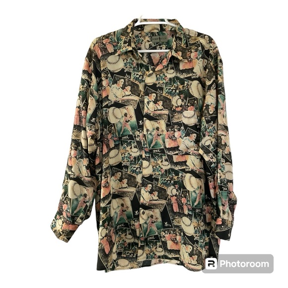 Robert Stock Sz L Silk Baseball Art Yankees Babe Ruth Gehrig Maris Mantle Shirt - Picture 1 of 9